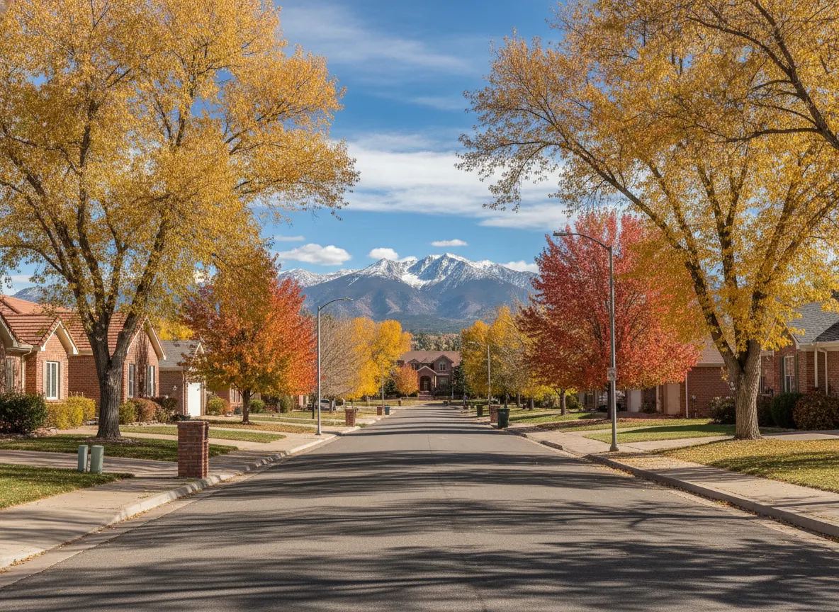 Street of homes in Colorado Springs with the Front Range behind