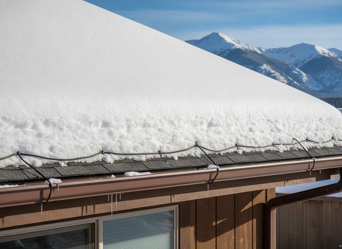 Heat cable zigzag along a snowy roof edge and gutter