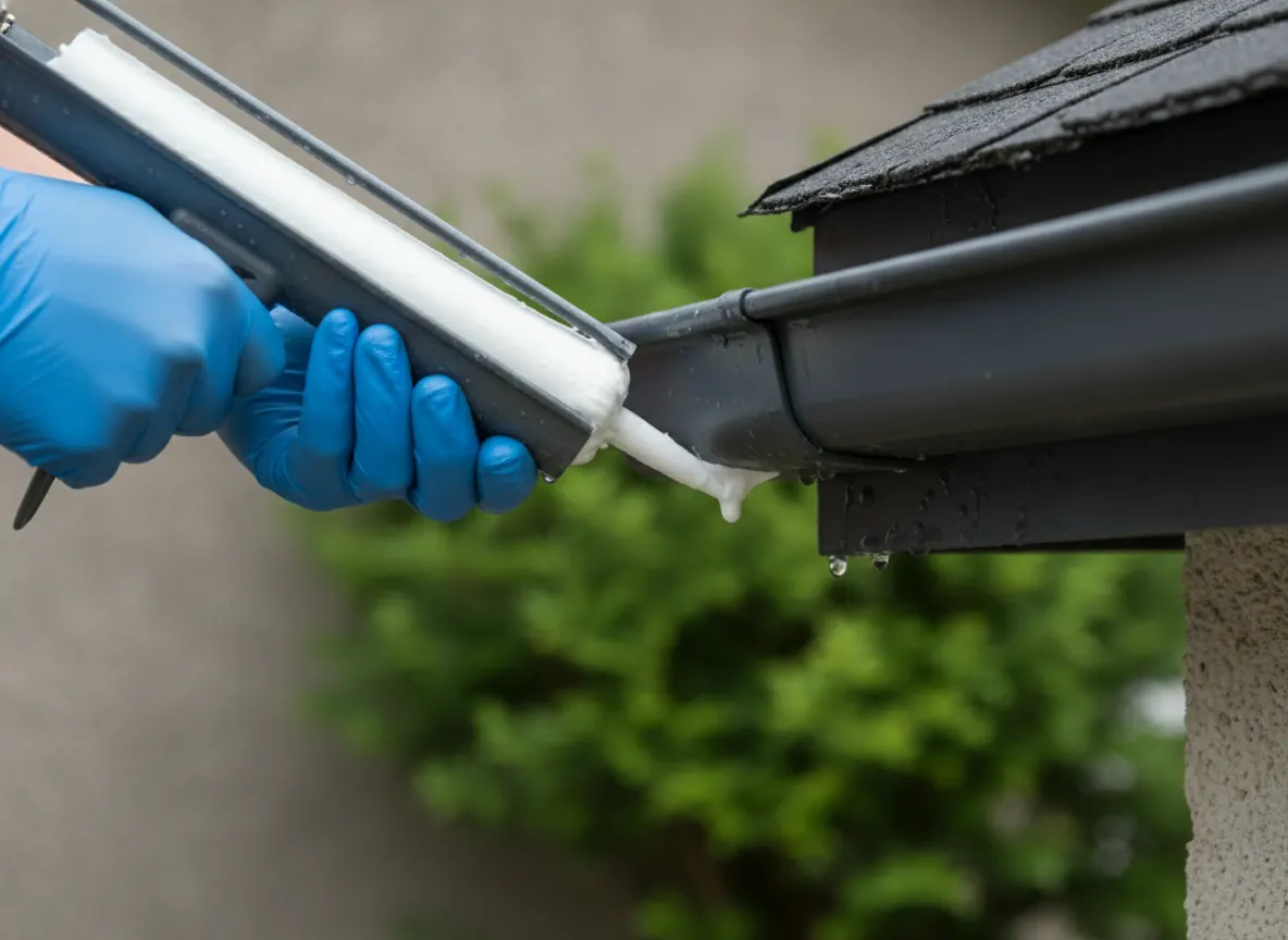 Gloved hands resealing a gutter corner seam