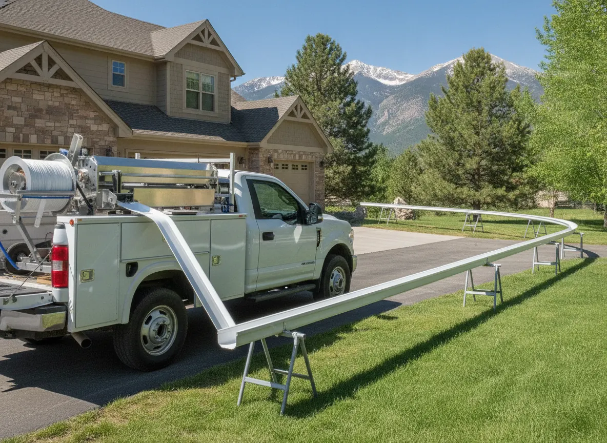 Gutter machine in a truck forming a seamless aluminum gutter